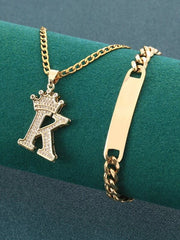 Men Rhinestone Crown & Letter Charm Necklace & Bracelet