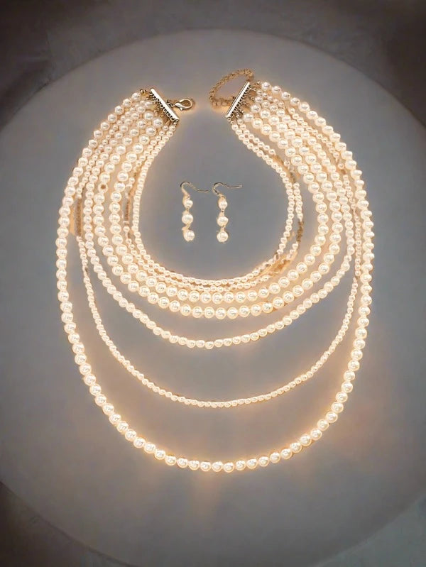 Layered Faux Pearl Beaded Necklace & Drop Earrings