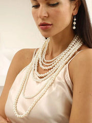 Layered Faux Pearl Beaded Necklace & Drop Earrings