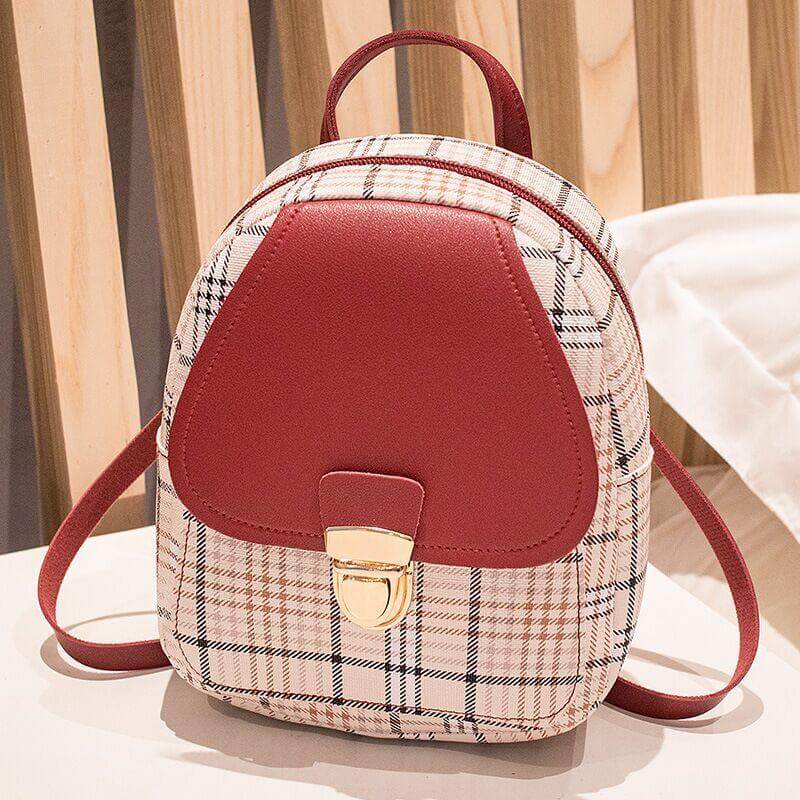 Ladies Check Pattern Small Backpack With Lock | Coin Purse Backpack