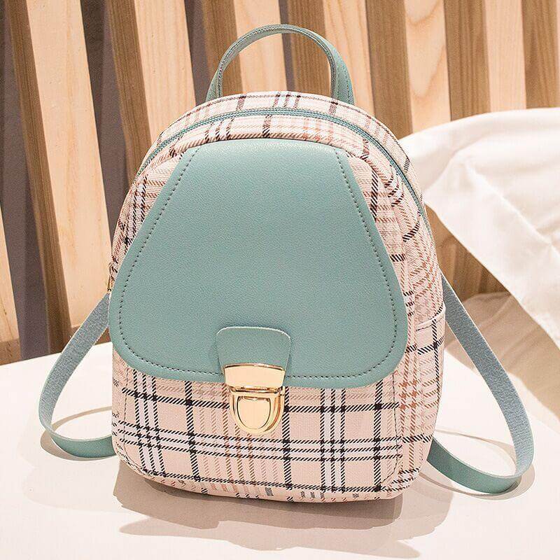 Ladies Check Pattern Small Backpack With Lock | Coin Purse Backpack