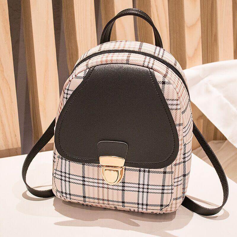 Ladies Check Pattern Small Backpack With Lock | Coin Purse Backpack