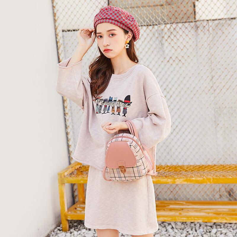 Ladies Check Pattern Small Backpack With Lock | Coin Purse Backpack