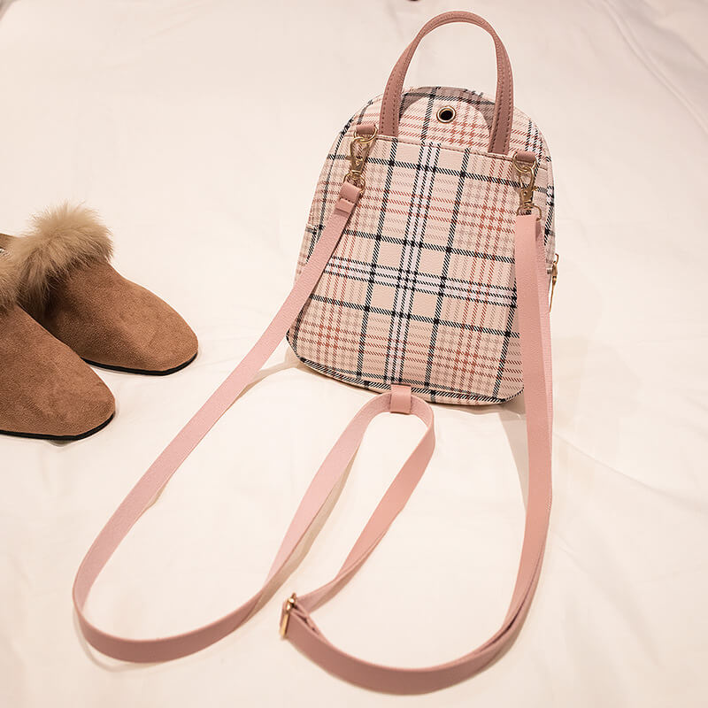 Ladies Check Pattern Small Backpack With Lock | Coin Purse Backpack
