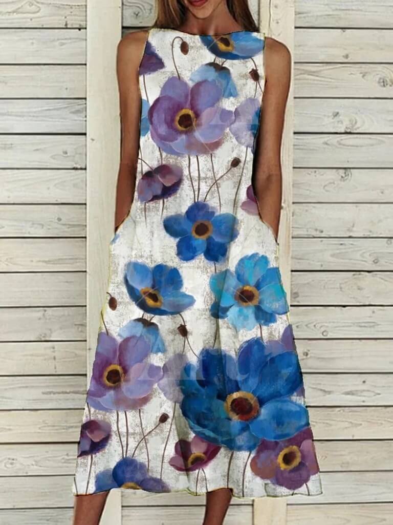 Loose Fit Floral Summer Midi Dress  vintage Floral Dress