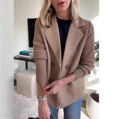 Double Breasted Lapel Jacket Fashion Knitted Sleeves Splicing Design Coat Outerwear Women's Clothing