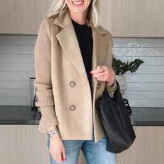 Double Breasted Lapel Jacket Fashion Knitted Sleeves Splicing Design Coat Outerwear Women's Clothing