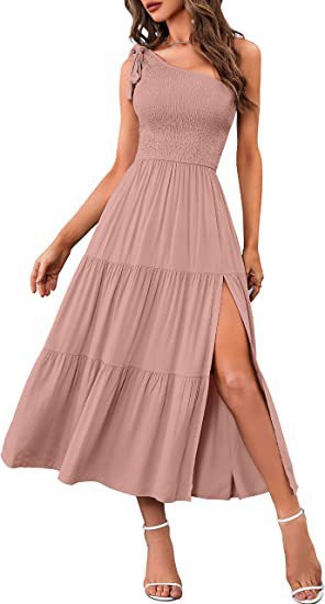 One Shoulder Long Dress with Slit Pleated A Line Summer  Summer Dress