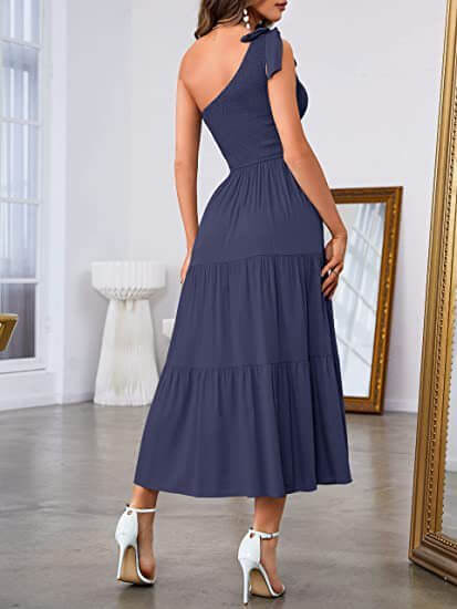 One Shoulder Long Dress with Slit Pleated A Line Summer  Summer Dress