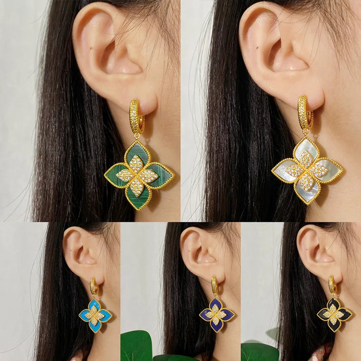 Luxury Fashion Italian Brand 4 Leaf Clover Drop Earrings Inlay Nature Shell Crystal Jewelry for Women Girl Party Gift