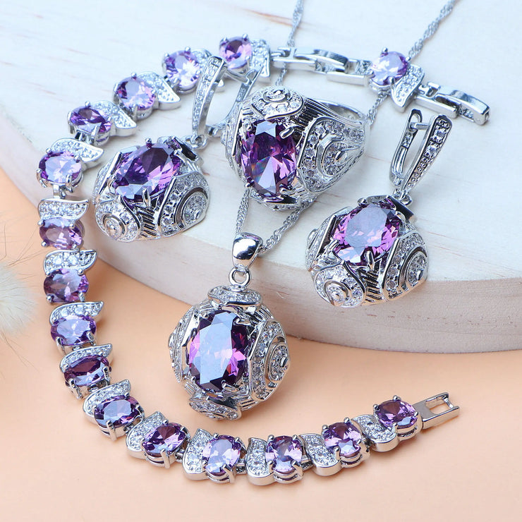 Rainbow Natural Zircon Jewelry Sets 925 Sterling Silver Women Wedding Jewelry Earrings Bracelets Rings Pendant Necklace Set