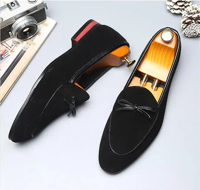 Men's Casual Shoes with Bowknot Genuine Suede Leather Trendy Party Wedding Loafers Flats Mens Driving Moccasins EUR Sizes 38-48