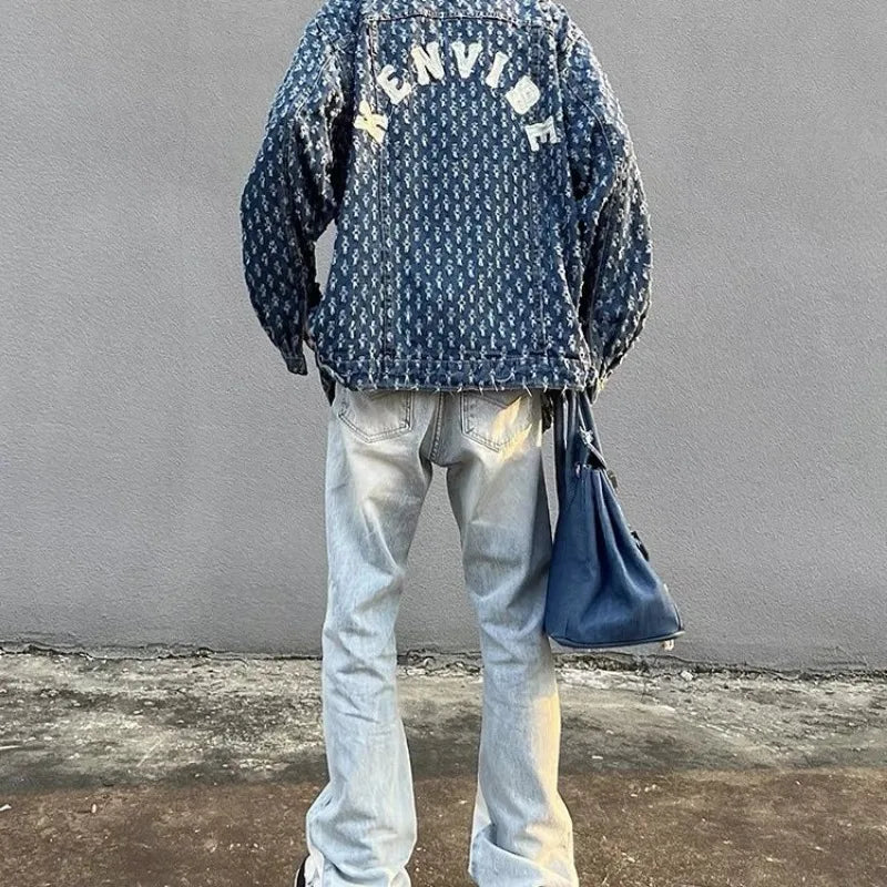 American street print hollow hole denim jacket personality trend men ins trend high street loose letter embroidery casual jacket