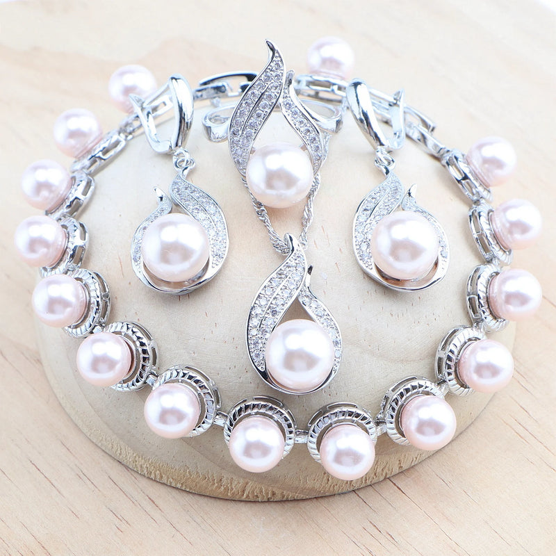 925 Silver Black Pearl Jewelry Sets Bridal White Zircon Wedding  Rings Earrings Pendant Necklace Bracelets Set