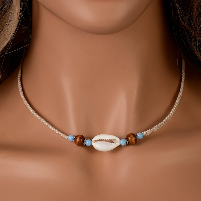 Bohemian Ethnic Style Shell Necklace Wooden Beaded Pendant Weaving Adjustable Necklace for Unisex Vacation Party Jewelry