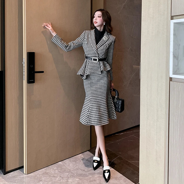 Luxury Autumn Winter Women 2 Piece Set Outfits Houndstooth Set Belt Irregular Blazer Coats And High Waist Pencil Mermaid Skirts