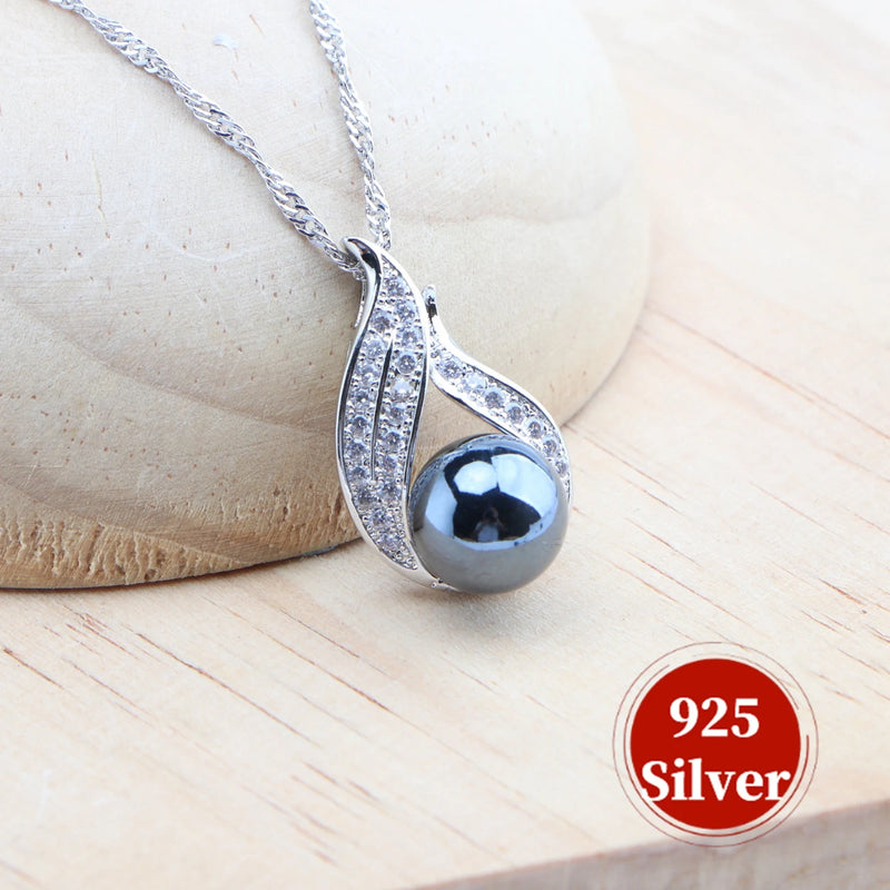 925 Silver Black Pearl Jewelry Sets Bridal White Zircon Wedding  Rings Earrings Pendant Necklace Bracelets Set