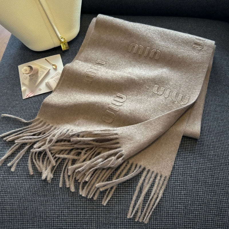Fashion Design Blend Wool Scarf Women Embossed Simple Warm Muffler Female New Type Imitation Cashmere Thick Fringed Shawl Ladies