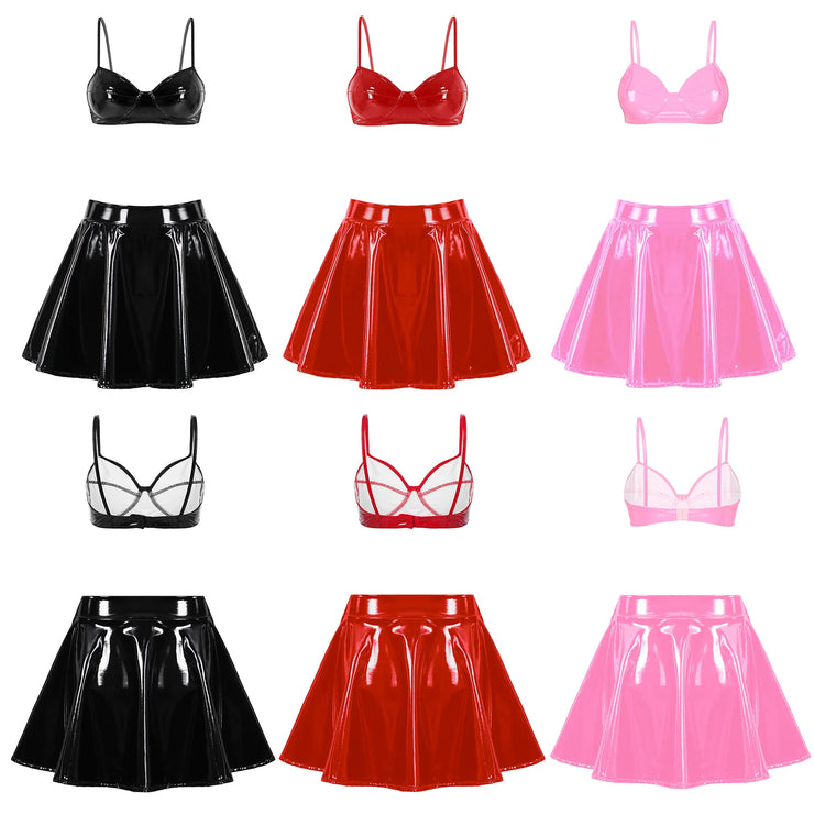 Womens Wet Look Patent Leather Bra Skirts Set Wire-free Bra Top with Zipper Flared Mini Skirt Lingerie Night Club Costume