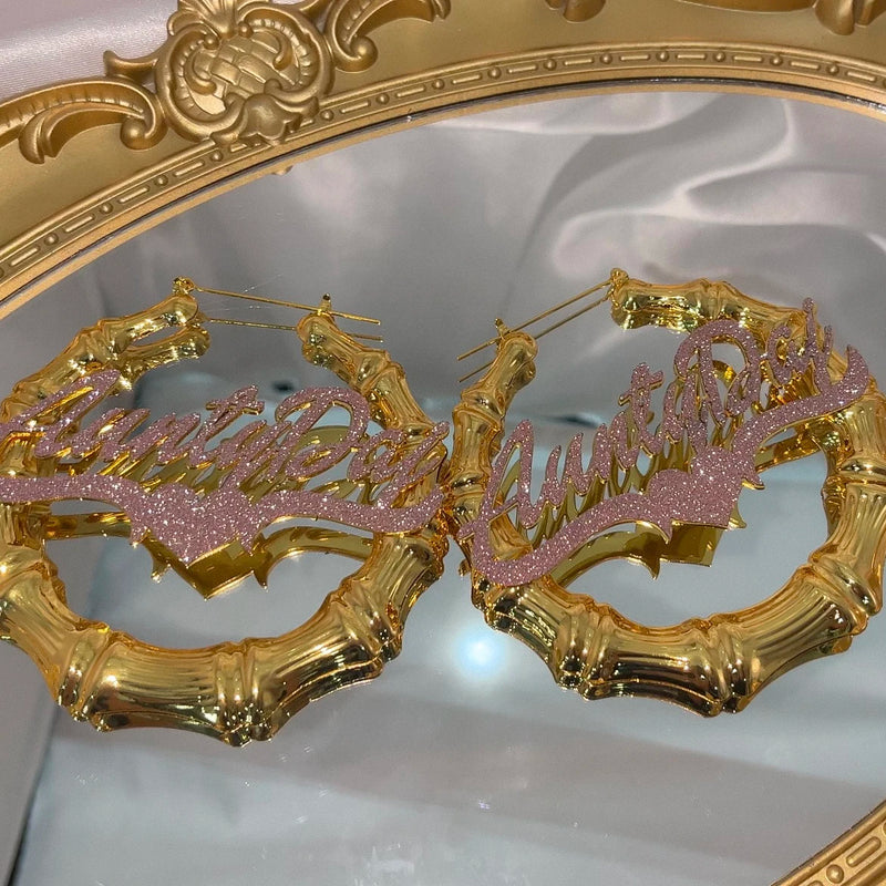Custom Name Bamboo Earrings Personalized Stainless Steel Bling Name Earrings Colorful Big Hoops Earring for Women Jewelry Gift