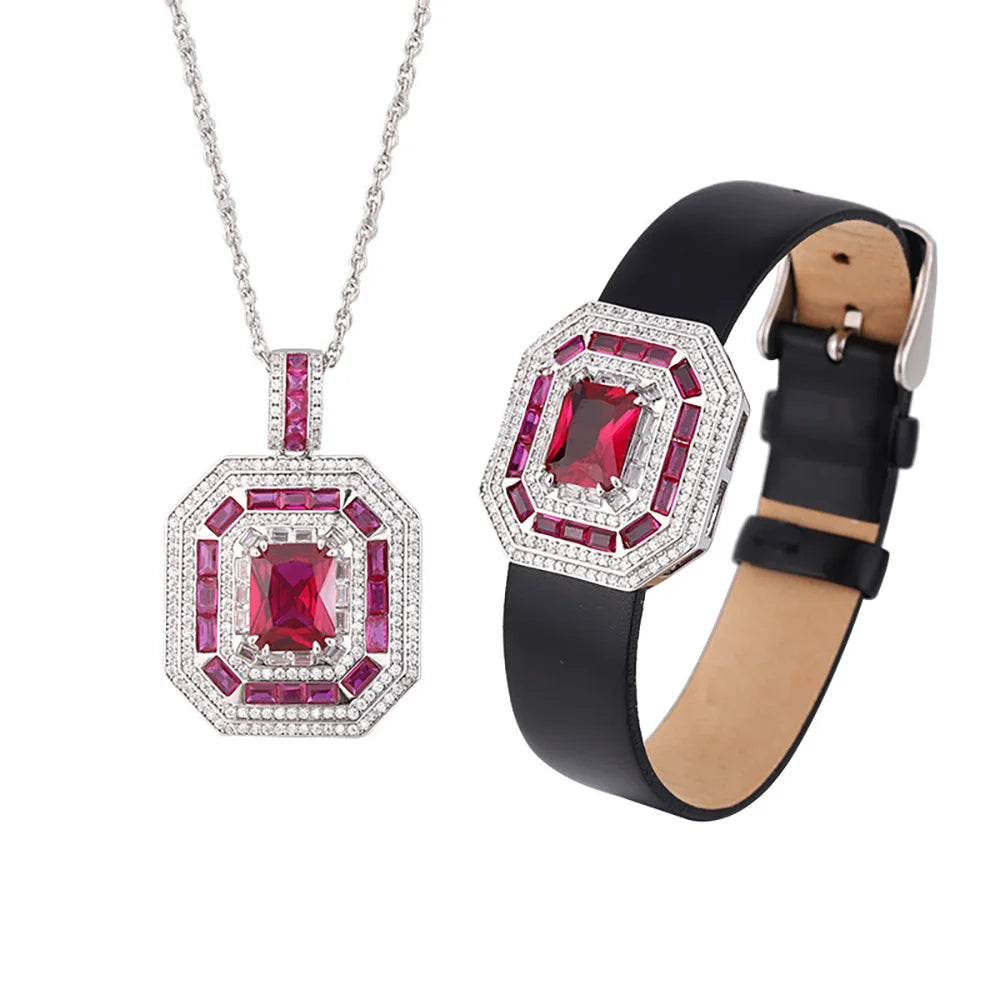 Trend 8*10mm Sapphire Ruby Necklace Pendant Bracelet Vintage  Jewelry Sets for Women Gemstone Wedding Cocktail Party Accessories