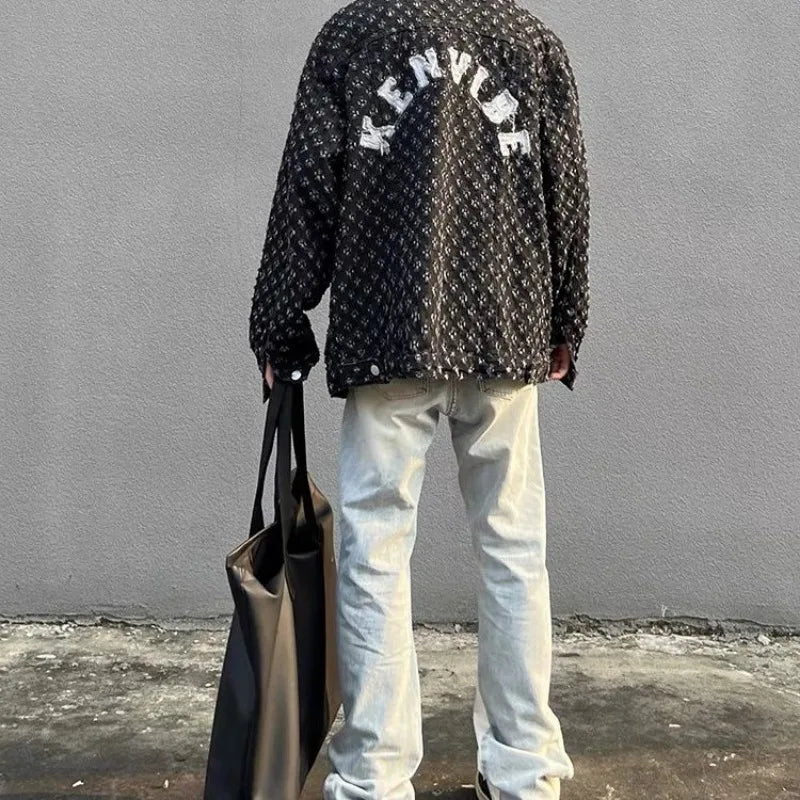 American street print hollow hole denim jacket personality trend men ins trend high street loose letter embroidery casual jacket