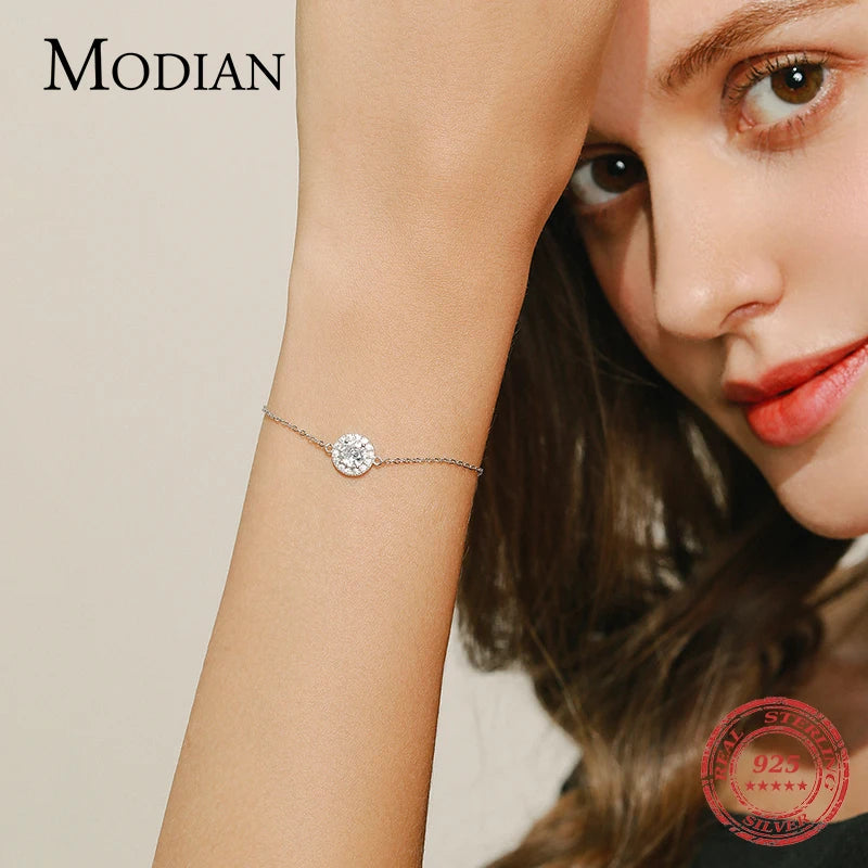 MODIAN Pure 925 Sterling Silver Luxury 1.0Ct Sparkling Clear CZ Link Chain Charm Bracelet For Women Wedding Engagement Jewelry
