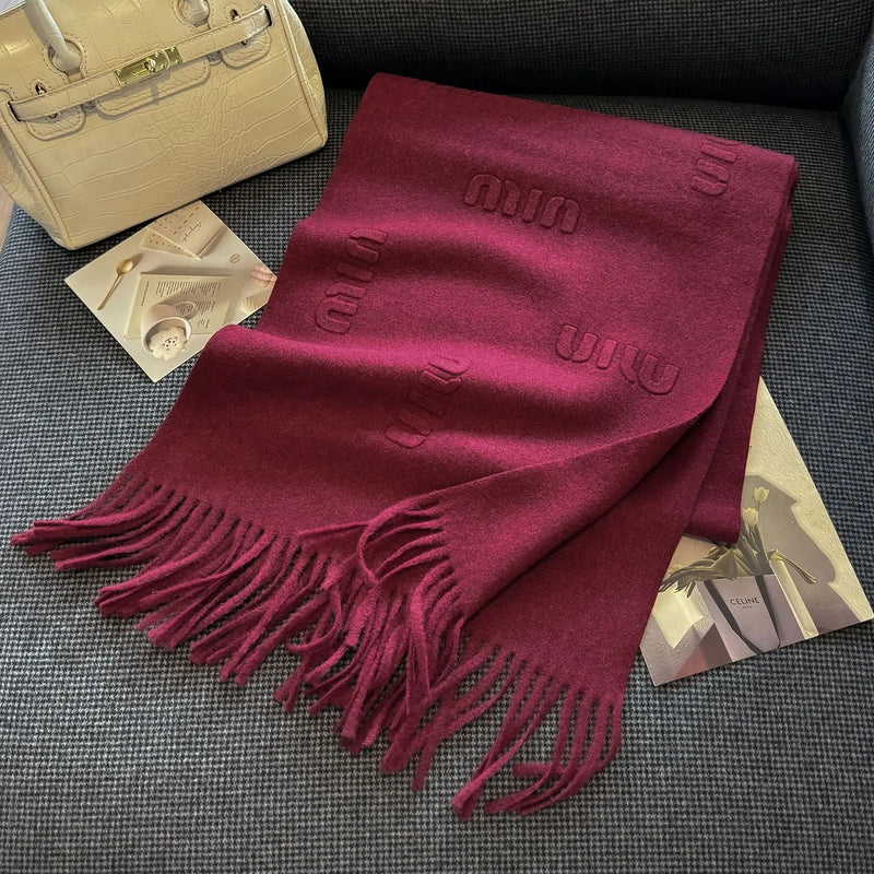 Fashion Design Blend Wool Scarf Women Embossed Simple Warm Muffler Female New Type Imitation Cashmere Thick Fringed Shawl Ladies
