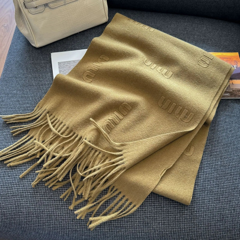 Fashion Design Blend Wool Scarf Women Embossed Simple Warm Muffler Female New Type Imitation Cashmere Thick Fringed Shawl Ladies