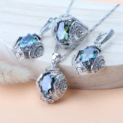 Rainbow Natural Zircon Jewelry Sets 925 Sterling Silver Women Wedding Jewelry Earrings Bracelets Rings Pendant Necklace Set