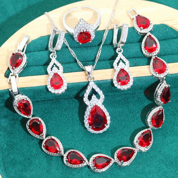 Droplet Shaped Silver 925 Jewelry Sets For Women Red Zircon Earrings Necklace Pendant Open Ring Bracelet Dating Dating Gifts