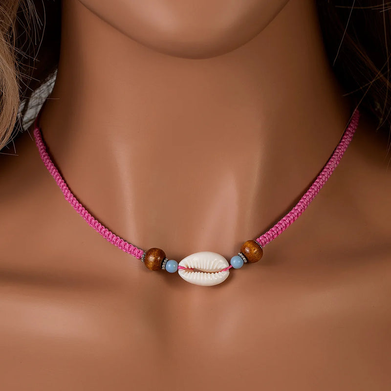 Bohemian Ethnic Style Shell Necklace Wooden Beaded Pendant Weaving Adjustable Necklace for Unisex Vacation Party Jewelry