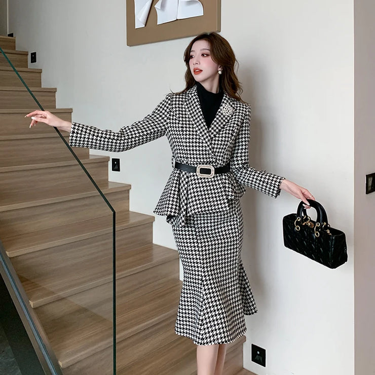 Luxury Autumn Winter Women 2 Piece Set Outfits Houndstooth Set Belt Irregular Blazer Coats And High Waist Pencil Mermaid Skirts