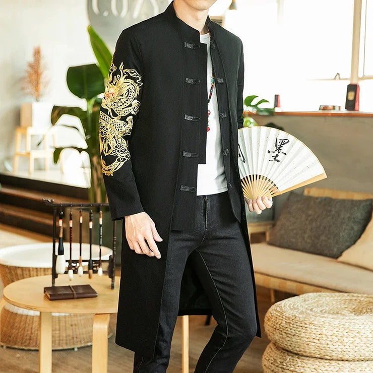 Trench Coat Men Fake two Pieces Cardigan Kimono Embroidered Coat Male Long Chinese Style Black Loose Vintage Cotton Linen Jacket