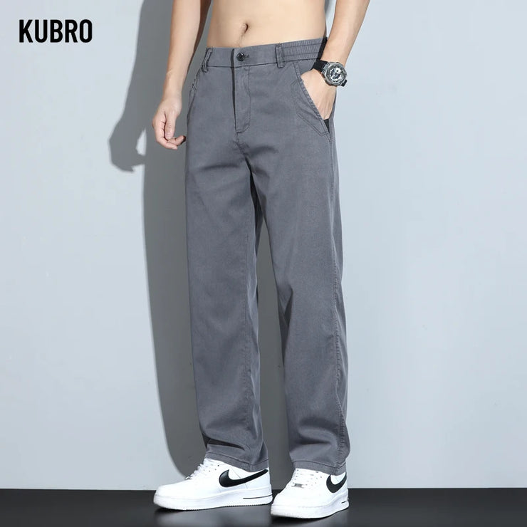 KURBO Korean Fashion Men's Lyocell Ice Silk Jeans Summer Thin Office Business Casual Elastic Waist Loose Straight Wide Leg Pants