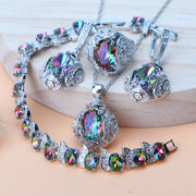 Rainbow Natural Zircon Jewelry Sets 925 Sterling Silver Women Wedding Jewelry Earrings Bracelets Rings Pendant Necklace Set