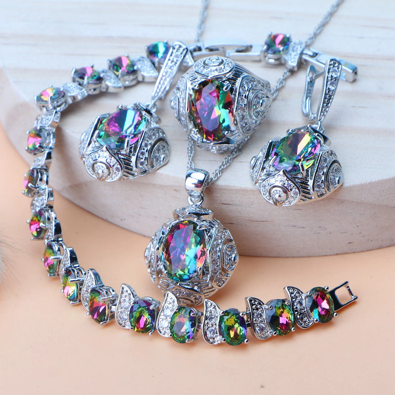Rainbow Natural Zircon Jewelry Sets 925 Sterling Silver Women Wedding Jewelry Earrings Bracelets Rings Pendant Necklace Set