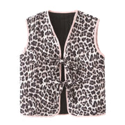 Short Leopard Pattern Edge Bow Decoration Sweet Pressed Cotton Front Sleeveless V-Neck Vest Casual Thick Quilted Jacket Cardigan