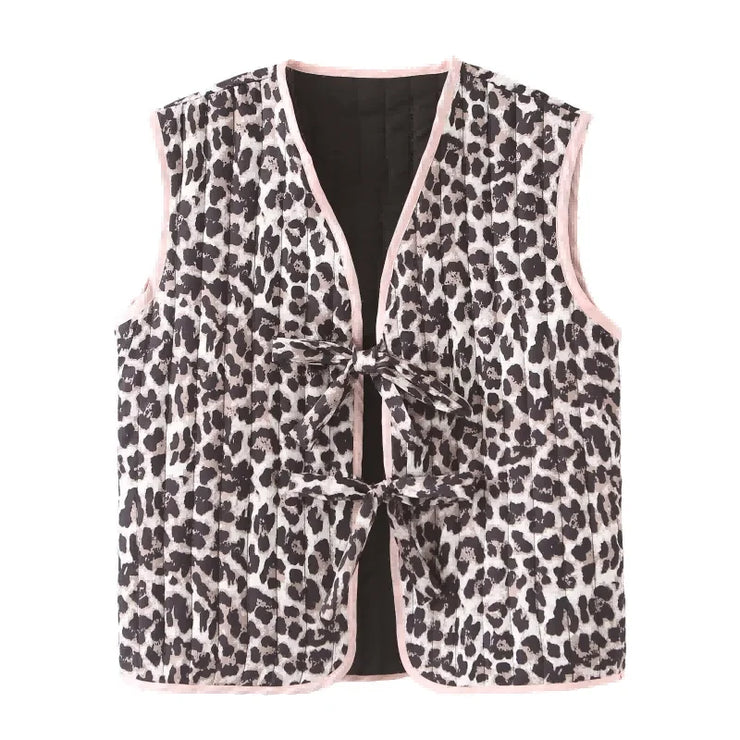 Short Leopard Pattern Edge Bow Decoration Sweet Pressed Cotton Front Sleeveless V-Neck Vest Casual Thick Quilted Jacket Cardigan