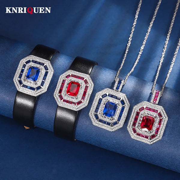 Trend 8*10mm Sapphire Ruby Necklace Pendant Bracelet Vintage  Jewelry Sets for Women Gemstone Wedding Cocktail Party Accessories