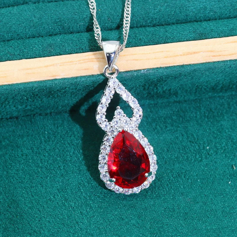 Droplet Shaped Silver 925 Jewelry Sets For Women Red Zircon Earrings Necklace Pendant Open Ring Bracelet Dating Dating Gifts