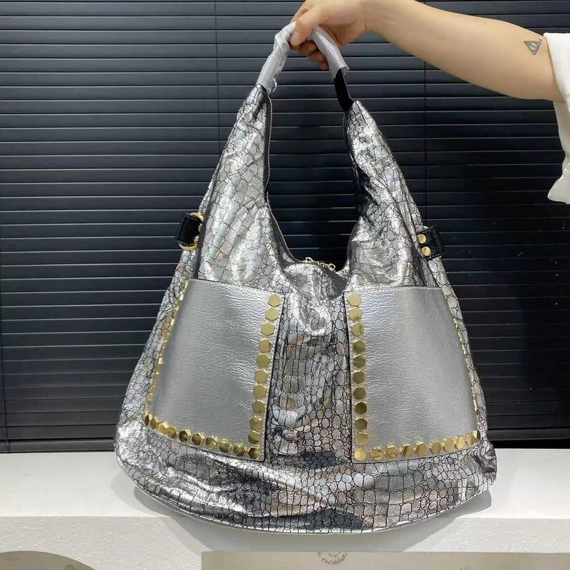 Women Fashion Vegan Leather Big Capacity Handbag 2024 Oversized Alligator Rivet Holographic Work Laptop Silver Hobo Slouchy Bag