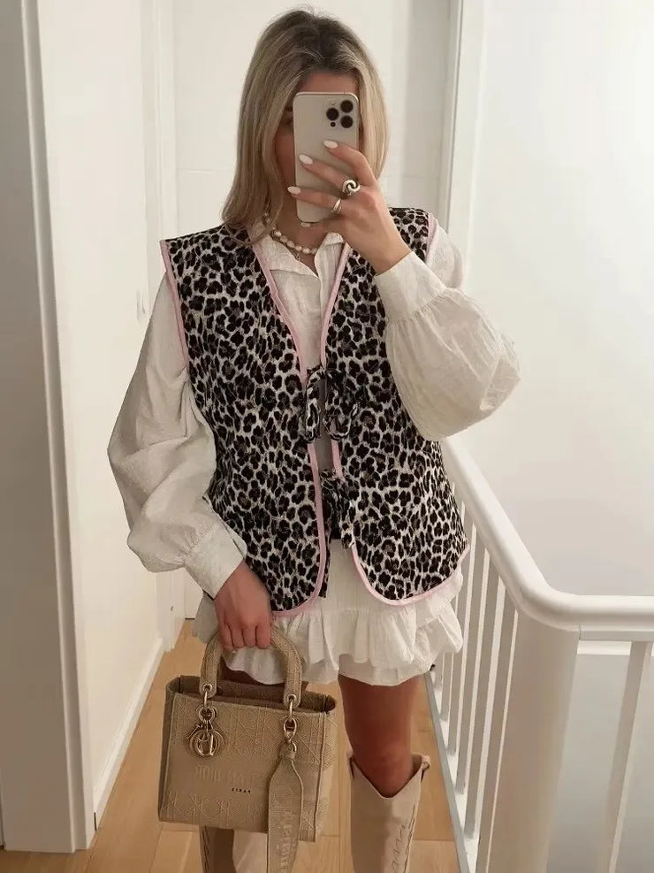 Short Leopard Pattern Edge Bow Decoration Sweet Pressed Cotton Front Sleeveless V-Neck Vest Casual Thick Quilted Jacket Cardigan