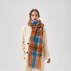 2023Autumn/WinterNew Mohair Plaid Women's Scarf Alpaca Wool Blended Contrast Plaid Tassel Couple Scarf Wool Thickened Warm Shawl