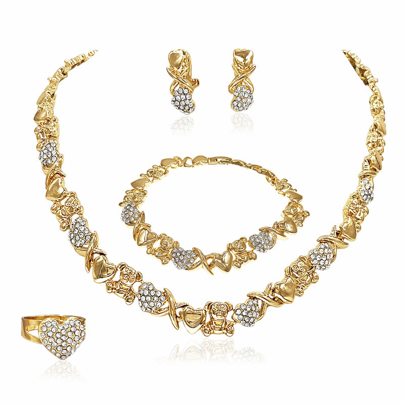 Woman Jewelry Set 18K Gold Plated Heart and Bear Necklace Set Wedding Fashion Jewelry Set Accessories Earrings and Rings Gifts