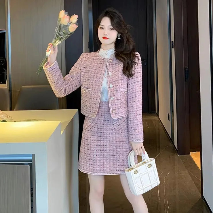 Insozkdg 2024 New Spring Autumn Elegant Women Suit Jacket Light Luxury High-end Pink Coat Top + A-line Skirt Two-piece Set Women