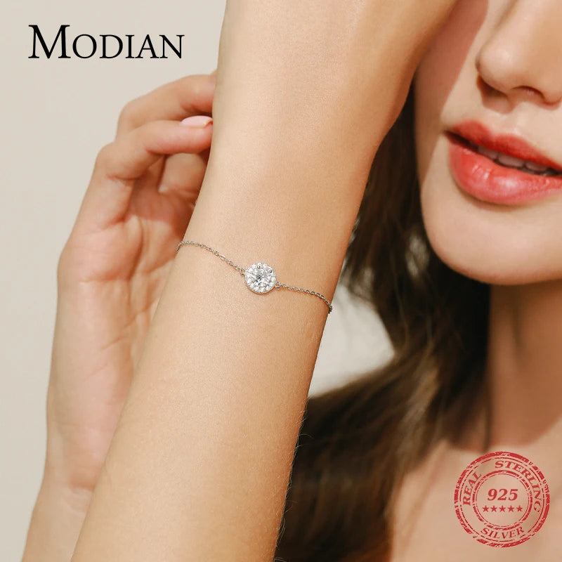 MODIAN Pure 925 Sterling Silver Luxury 1.0Ct Sparkling Clear CZ Link Chain Charm Bracelet For Women Wedding Engagement Jewelry