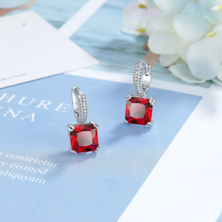 Square Princess Cut Red Created Ruby 925 Sterling Silver Hoop Earrings for Women Colorful Gemstone Earrings Huggies