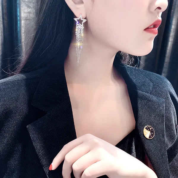 FYUAN Fashion Long Tassel Crystal Earrings for Women Bijoux Luxury Shiny Gold Color Star Rhinestone Dangle Earrings Jewelry Gift