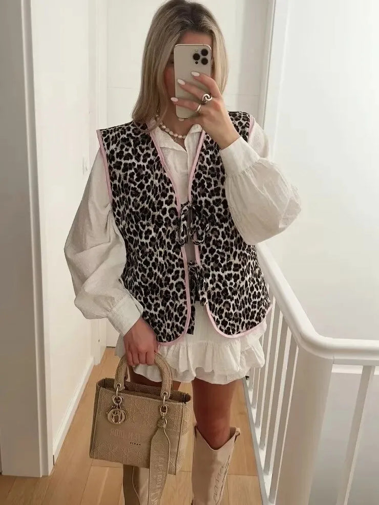 Short Leopard Pattern Edge Bow Decoration Sweet Pressed Cotton Front Sleeveless V-Neck Vest Casual Thick Quilted Jacket Cardigan